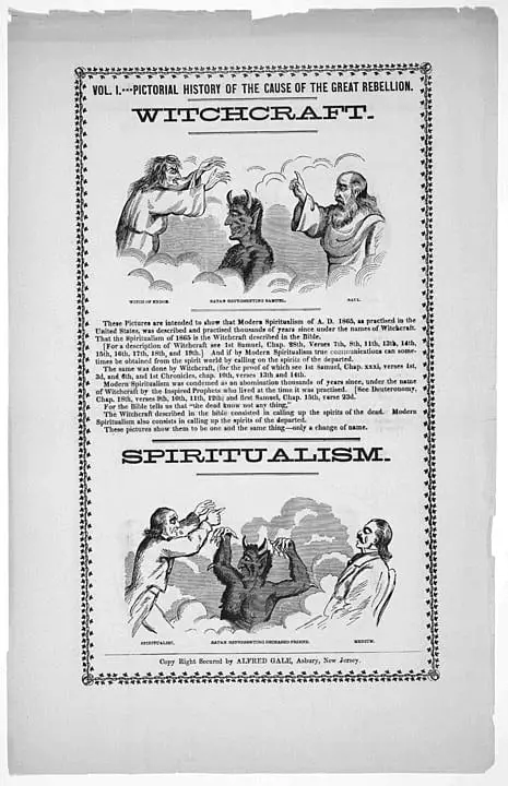 Spiritualism was equated by some Christians with witchcraft. This 1865 broadsheet, published in the United States, also blamed spiritualism for causing the American Civil War.